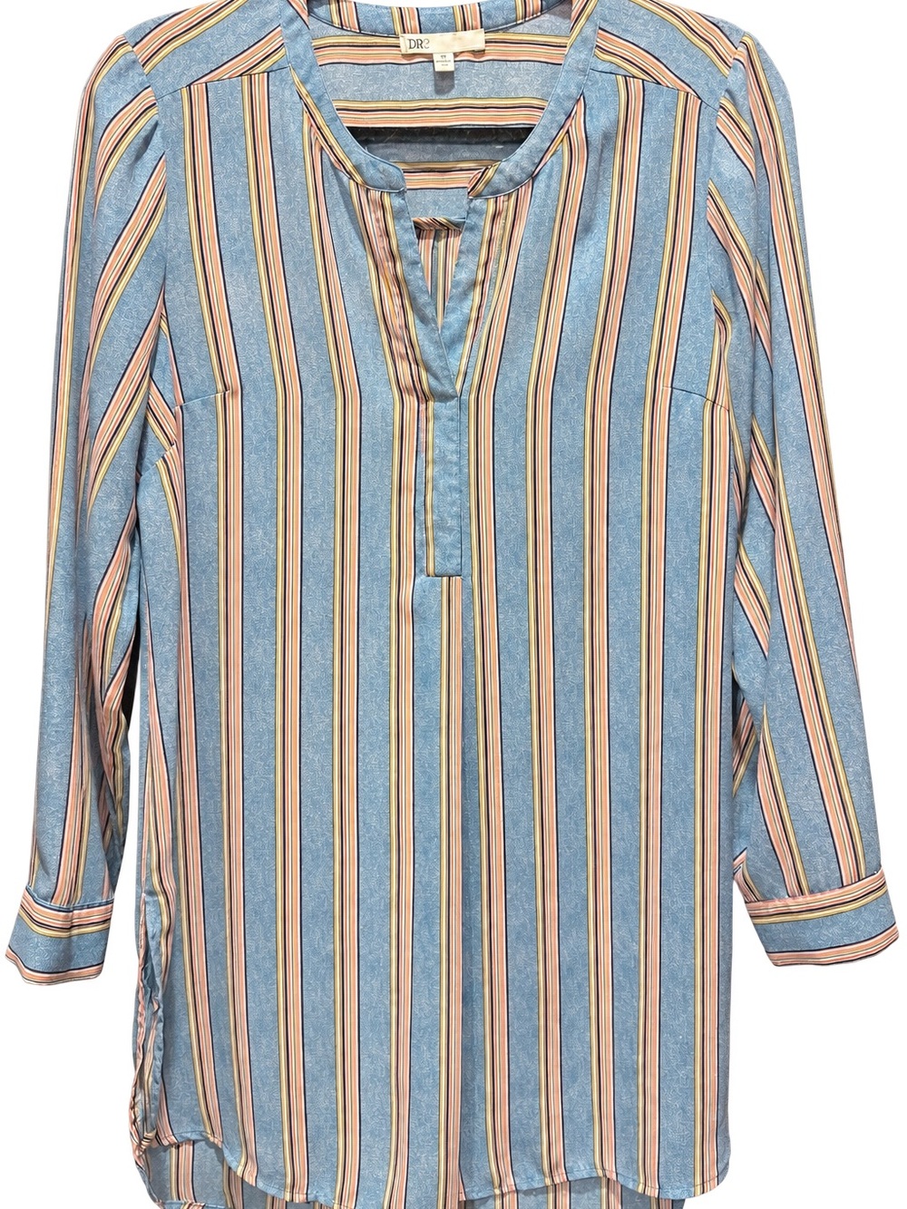 DR2 Blue Multi-Stripe Long Sleeve Split-Neck Blouse